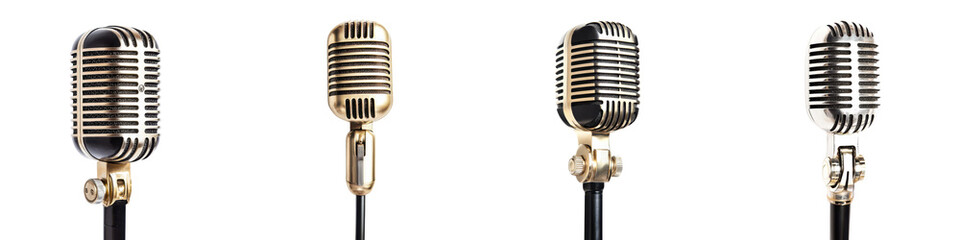Fototapeta premium Collection of vintage style retro microphones with classic dynamic design for music performance recording and broadcast use
