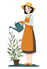 Young Woman in Orange Apron Watering Potted Plant