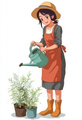 Young Woman in Straw Hat Tending to Plants in Pots