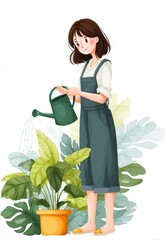 Young Woman Tending Potted Plant with Green Watering Can
