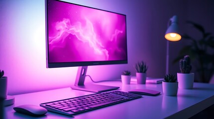 A modern workspace featuring a purplelit computer setup with keyboard, mouse, and potted plants on a clean white desk