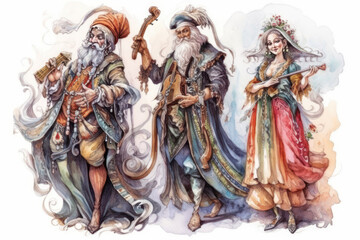 Fototapeta premium Watercolor illustration in fairy-tale and fantasy style, depicting three musicians in luxurious oriental attire. 