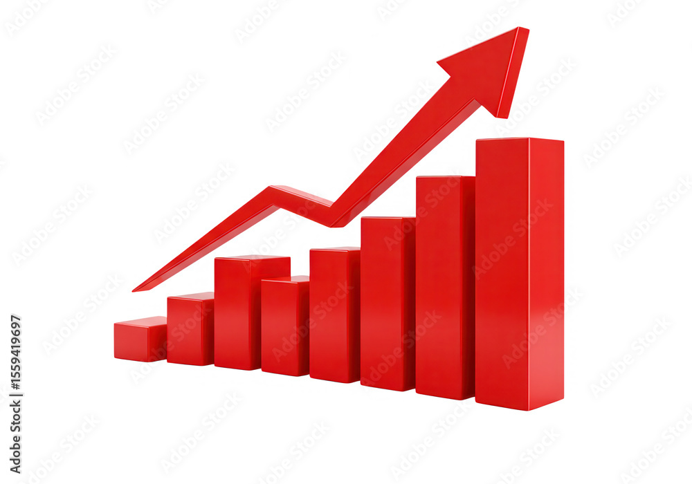 Poster a 3d rendering of a red bar graph with an upward arrow, isolated on transparent background, illustra