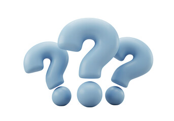 Three light blue 3d question marks, isolated on transparent background, represent uncertainty and the need for answers