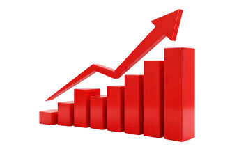 A 3d rendering of a red bar graph with an upward arrow, isolated on transparent background, illustrates growth and success