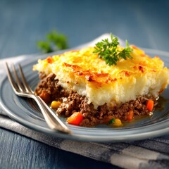 Hearty shepherd's pie with mashed potato crust on blue plate culinary composition close up angle food concept