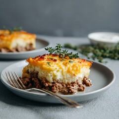 Delectable shepherds pie on plate studio shot ground meat potato topping thyme garnish meal