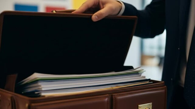 Businessperson opening briefcase filled with important documents in office environment