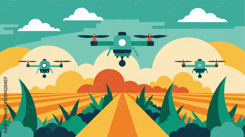 Poster an illustration depicting how drones can navigate through hardtoreach areas of a crop field ensuring