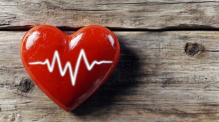 Red Heart with Heartbeat on Rustic Wooden Background