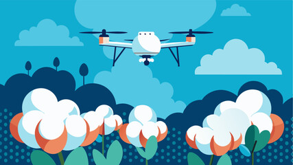 As a thunderstorm approaches a crop inspection drone quickly inspects a field of cotton allowing the farmer to harvest the crop before any potential damage.. Vector illustration