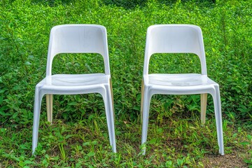 Two white plastic chairs in a grassy area
