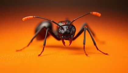 Fototapeta premium Macro photograph of a black and red ant on a seamless orange background