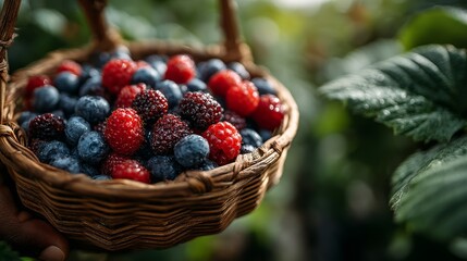 Freshly Harvested Berries in Woven Basket Surrounded by Green Foliage