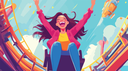 Excited Woman on Roller Coaster in Amusement Park