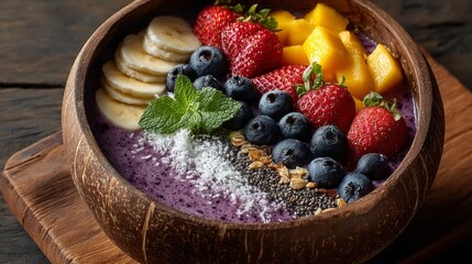 Colorful Smoothie Bowl with Fresh Fruits and Toppings in Wooden Bowl