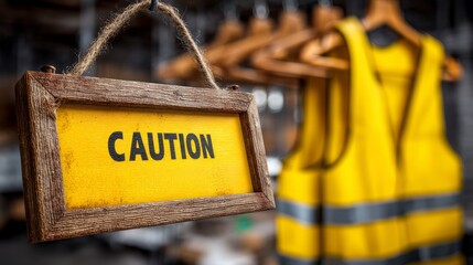 Yellow Caution Sign Hanging Next to Safety Vest in Industrial Setting