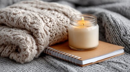 Cozy Winter Scene with Candle, Blanket, and Notebook on Soft Surface