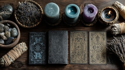 Mystical Still Life with Tarot Cards, Candles, Crystals and Herbs