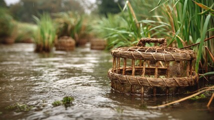 Rustic Baskets in Tranquil Water Setting Surrounded by Lush Greenery