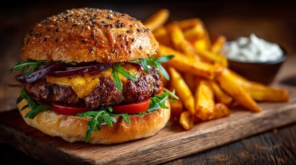 Juicy Cheeseburger with Fresh Vegetables and Golden French Fries on Wooden Board