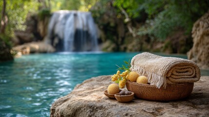Relaxing Nature Scene with Towels and Fruits Near a Waterfall