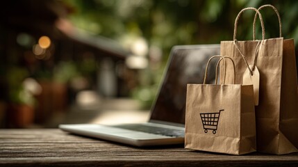 Shopping Bags and Laptop on a Wooden Table in a Lush Outdoor Setting