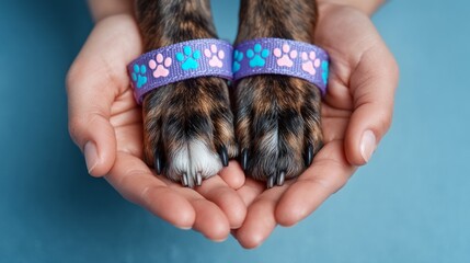 Adorable Dog Paws with Colorful Bracelets Held in Loving Human Hands