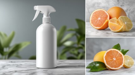 White Spray Bottle with Fresh Citrus Fruits on Marble Surface and Greenery