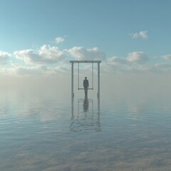 Solitary Figure on Swing Set Amidst Tranquil Water Reflecting Sky Contemplation in Surreal Scene