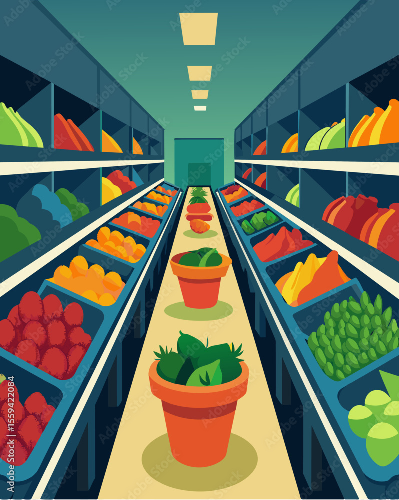 Poster a grocery store aisle filled with singleuse containers of pre fruits and vegetables.. vector illustr