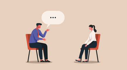 Two officer sitting and talking face to face with a speech bubble, concept of active listening, mutual understanding, empathy, and meaningful communication in the workplace, flat  vector illustration