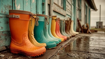 Colorful Rubber Boots Lined Up Against a Rustic Wall by a Dock