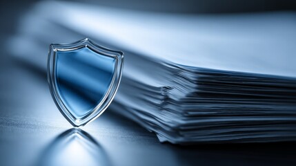 Glass shield symbol on table near stack of white documents in soft light