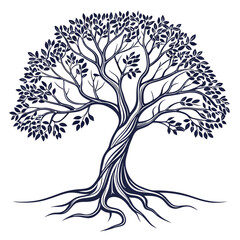 Simple Line Art Drawing of Tree with Roots, vector tree silhouette