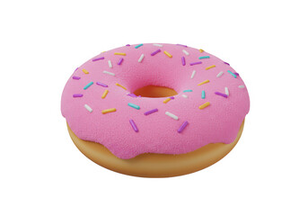 A delicious pink glazed donut with sprinkles is isolated on transparent background
