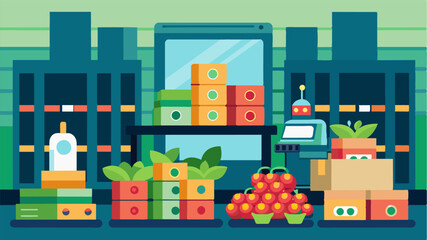 A warehouse filled with stacks of produce boxes is controlled by a central AI system automatically organizing and categorizing the items for distribution.. Vector illustration