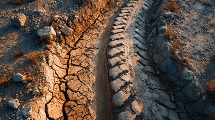 Dry Cracked Earth and Tire Tracks in a Sunlit Desert Landscape