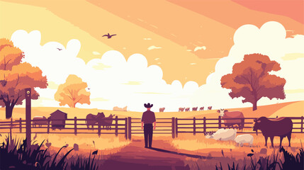 Fototapeta premium Farmer and Many Animals by the Fence Vector Illustration
