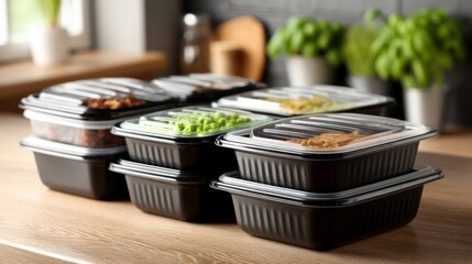 Meal Prep Containers with Lids Arrangement on a Wooden Kitchen Table