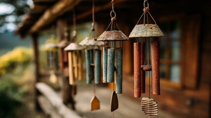 Colorful Wind Chimes Hanging Outside a Rustic Wooden Cabin in Nature