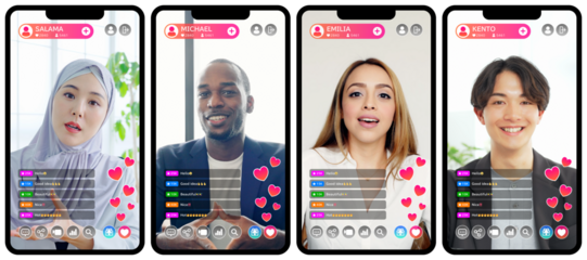Smartphone app screen interface for live streaming by multinational live streamers