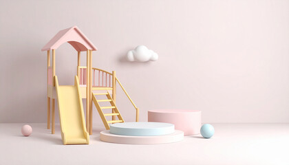 Empty space concept for exhibition with slide decoration on soft pastel color background.