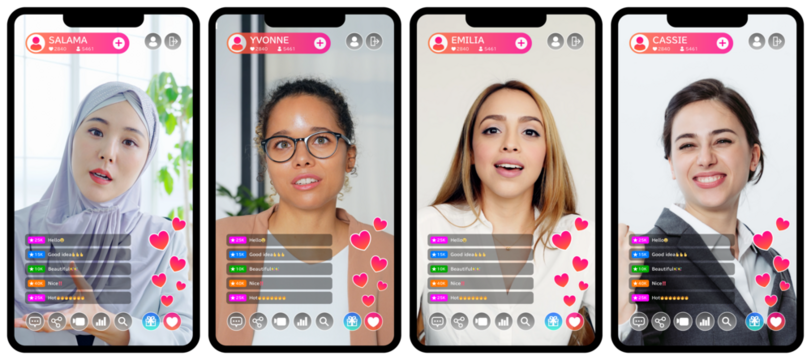 Multinational female live streamer live streaming smartphone app screen interface