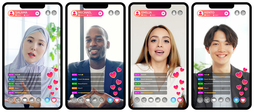 Smartphone app screen interface for live streaming by multinational live streamers