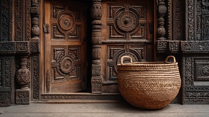 Decorative Wooden Door with Intricate Carvings and Woven Basket