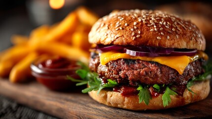 Delicious Cheeseburger with Fresh Vegetables and Crispy French Fries
