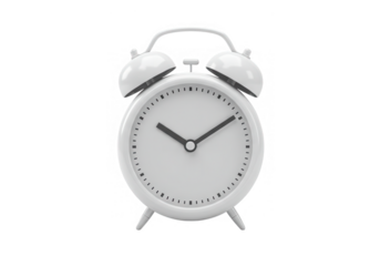 A classic white twin bell alarm clock showing the time, isolated on transparent background