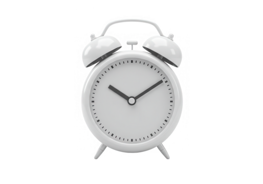 A classic white twin bell alarm clock showing the time, isolated on transparent background - Powered by Adobe