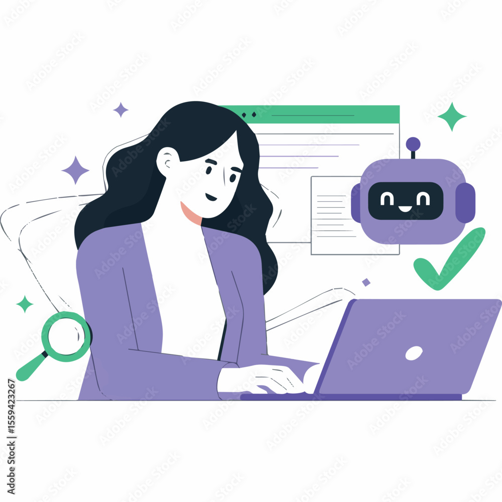 Poster woman using laptop with ai assistant for automation and productivity software
